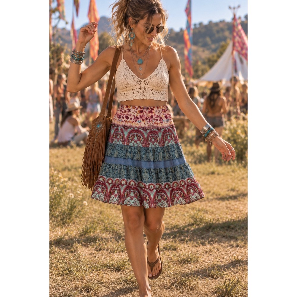 Sweetheart Boho Paisley Floral Tiered Festival Skirt Sz L Peasant Hippie Cotton